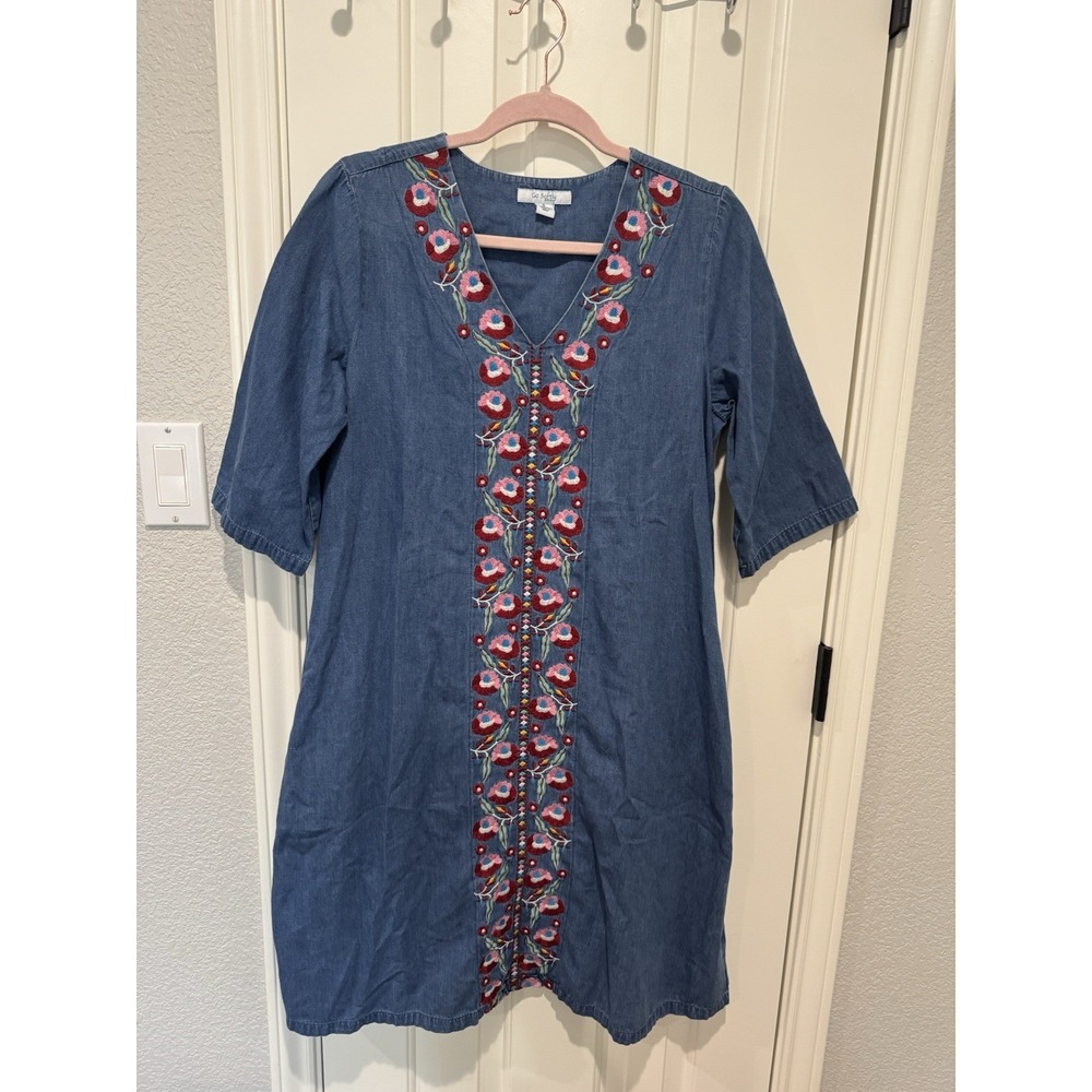 VTG Go Softly Denim Jean House Patio Dress Embroidered Mumu Floral Small Med